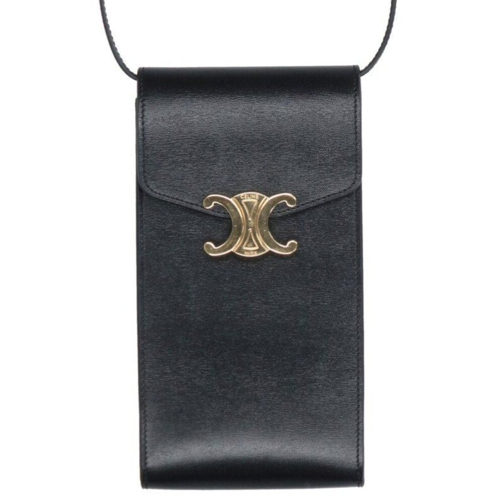 Celine Triomphe Leather Shoulder Mobile Pouch Black X - Picture 1 of 3